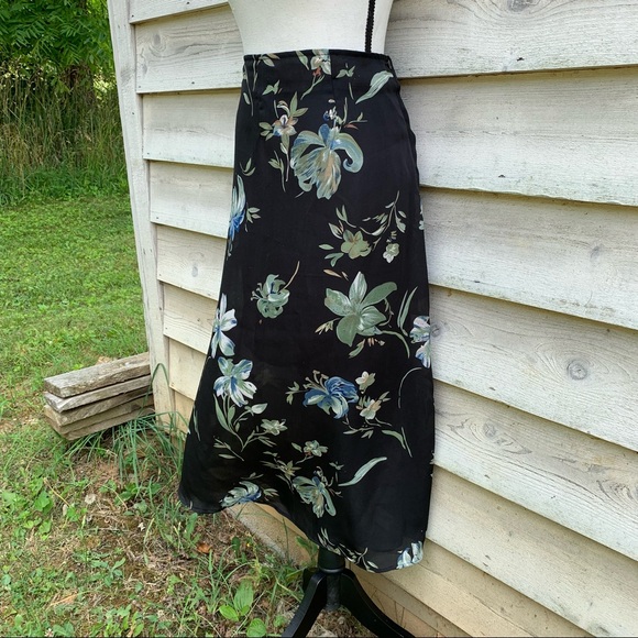 Vintage 90s Black Floral Print Elastic High Waist Sheer Ankle Length Midi Skirt - Picture 3 of 16
